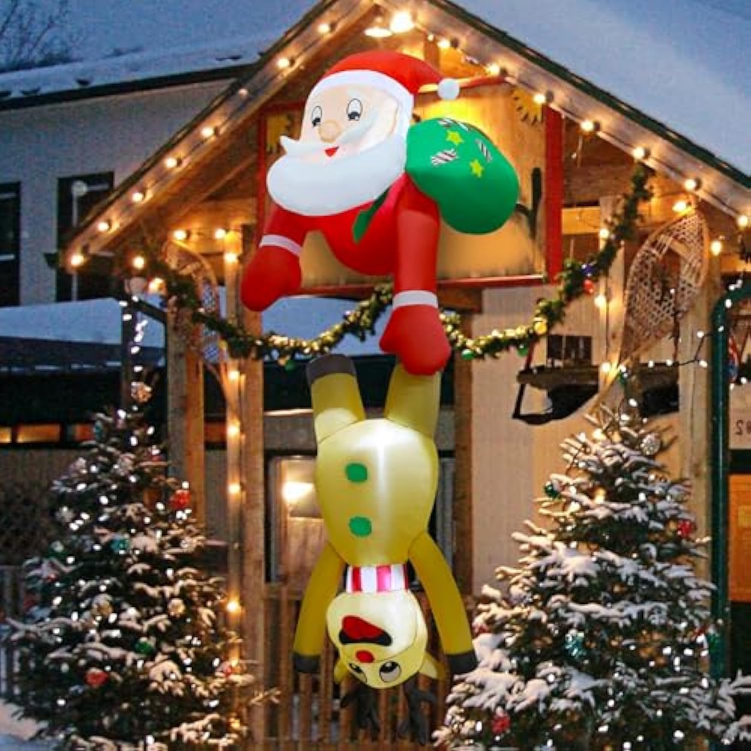 7 Ft Christmas Inflatable Outdoor Decorations, Blow Up Santa Claus With Reindeer Hanging Xmas Inflatables Decor With Led