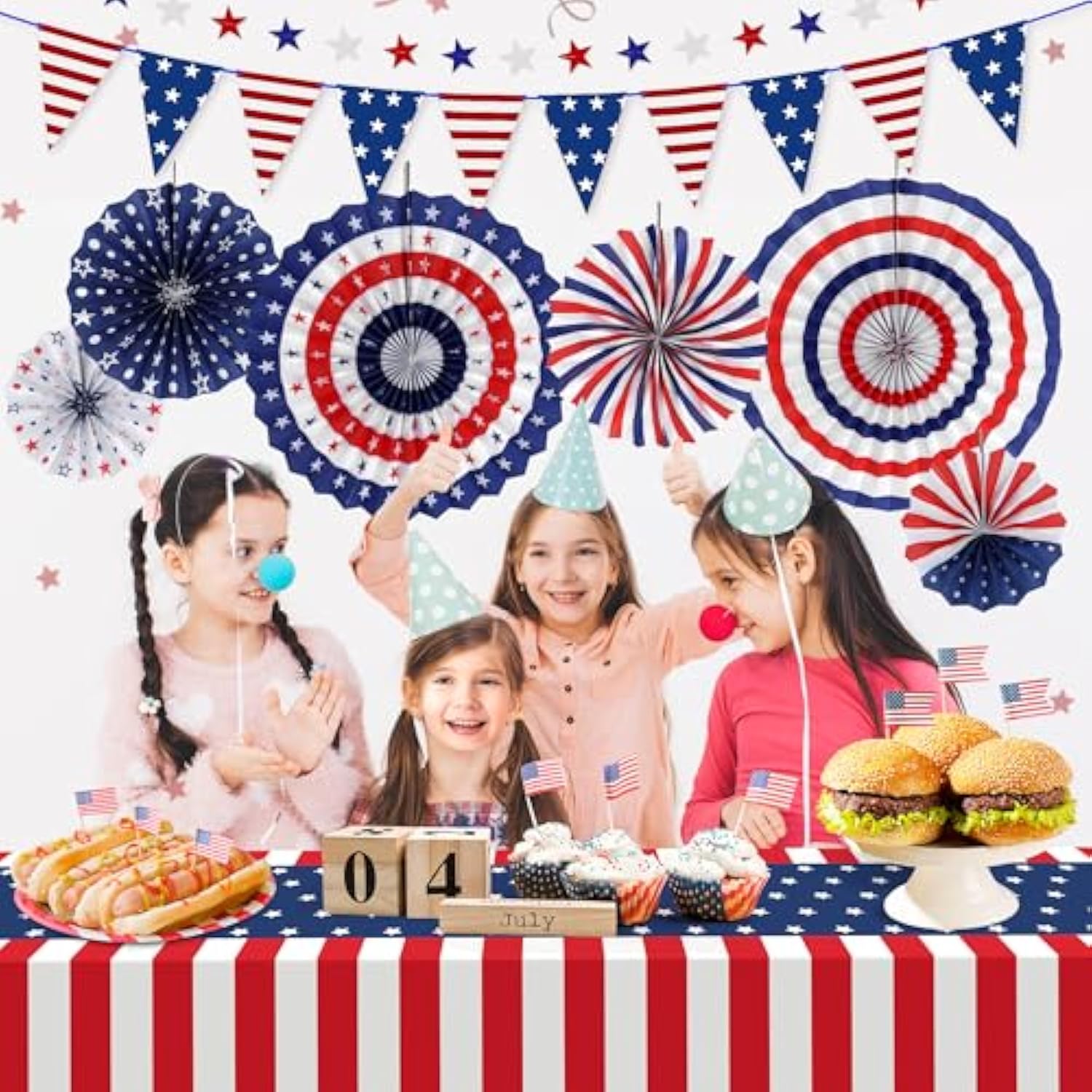 Patriotic Red White And Blue Decorations Set,9 Pcs Red White And Blue Paper Fans,Usa Pennant Bunting,Star Streamers,Patriotic Tablecloth For Labor Day Decorations Party Supplies,Veterans Day