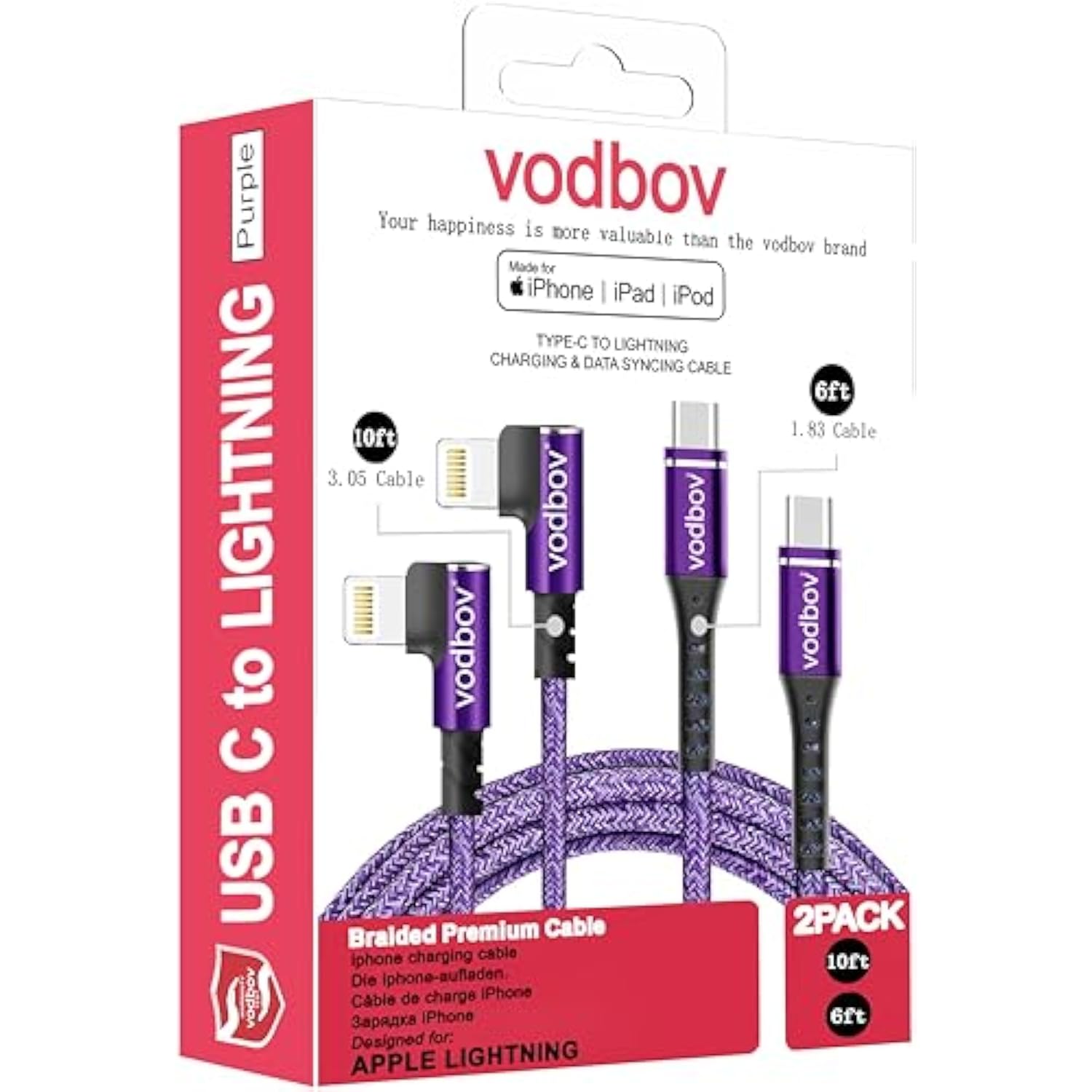 Usb-C To Lightning Braided Cable Iphone Charger Fast Charging Cord Right Angle 2Pack 10Ft 6Ft 90 Degree Mfi Certified Cable Xr Sage (Purple)