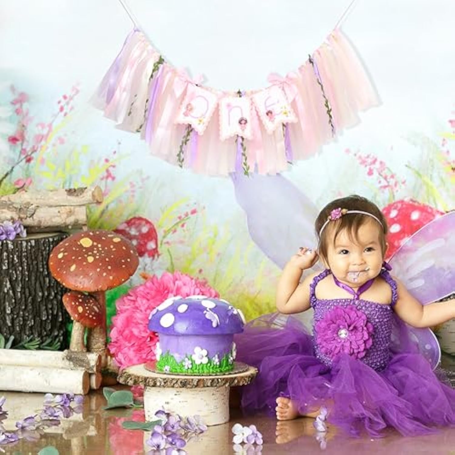 Fairy One High Chair Banner - Little Fairy 1St Birthday Party Decoration,Sweet Floral Highchair Banner With Ribbon,Princess Tea Party Photo Backdrop,Flower Fairies First Birthday Garland