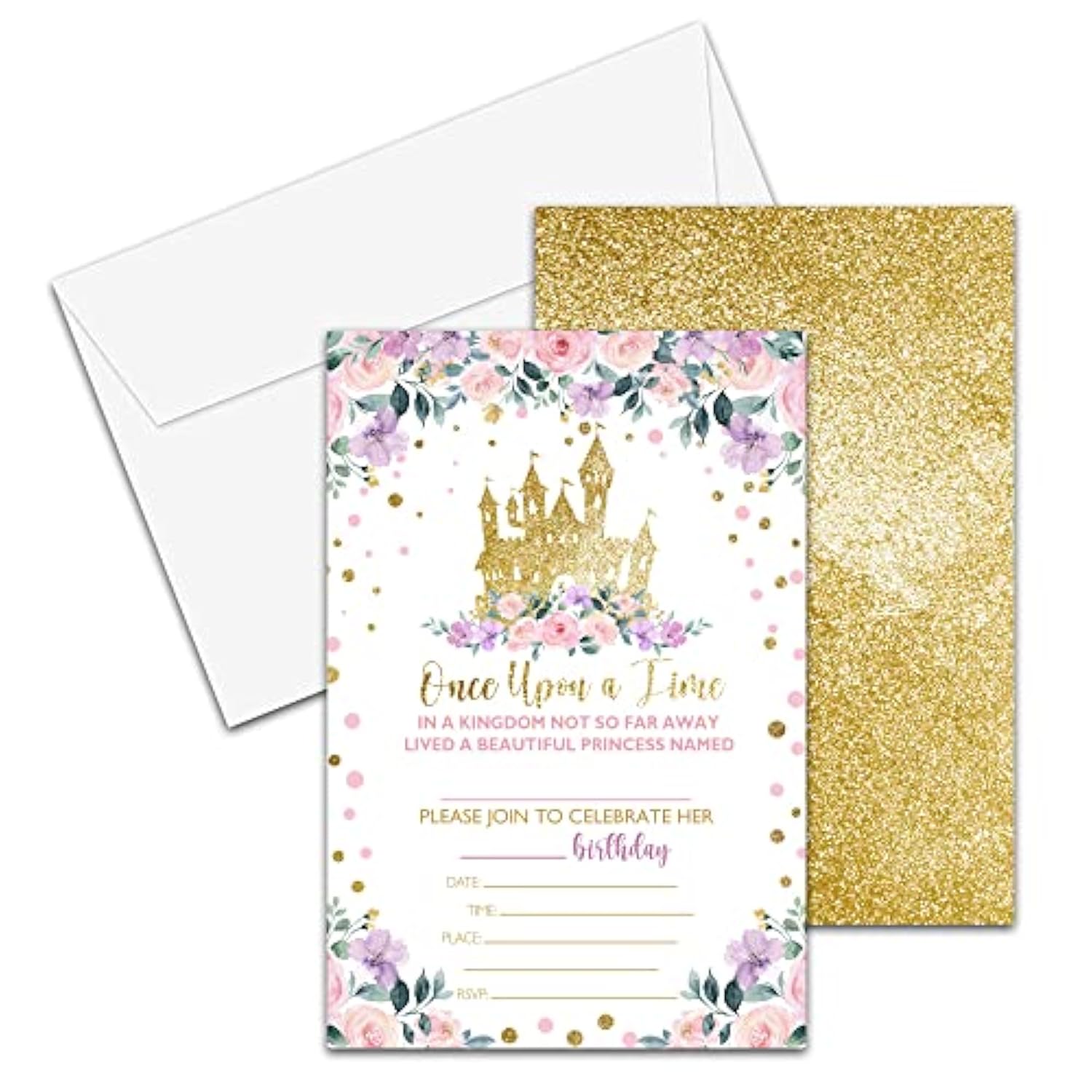 Princess Birthday Invitations For Girls, 20-Count Birthday Party Invitations With Envelopes, Magical Kingdom Castle Style Birthdays Party Decorations And Supplies-Hbyqk-A01
