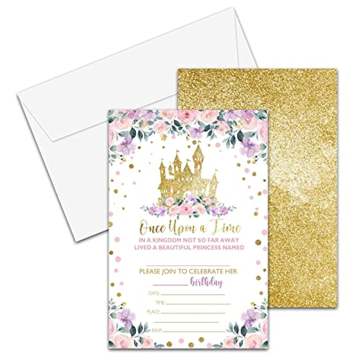 Princess Birthday Invitations For Girls, 20-Count Birthday Party Invitations With Envelopes, Magical Kingdom Castle Style Birthdays Party Decorations And Supplies-Hbyqk-A01