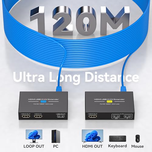 HDMI KVM USB Extender 394ft 120M Over Cat 5e 6 7 1080P Ethernet Balun Transmitter Receiver with Loop Out Function Plug Play for Mouse and Keyboard