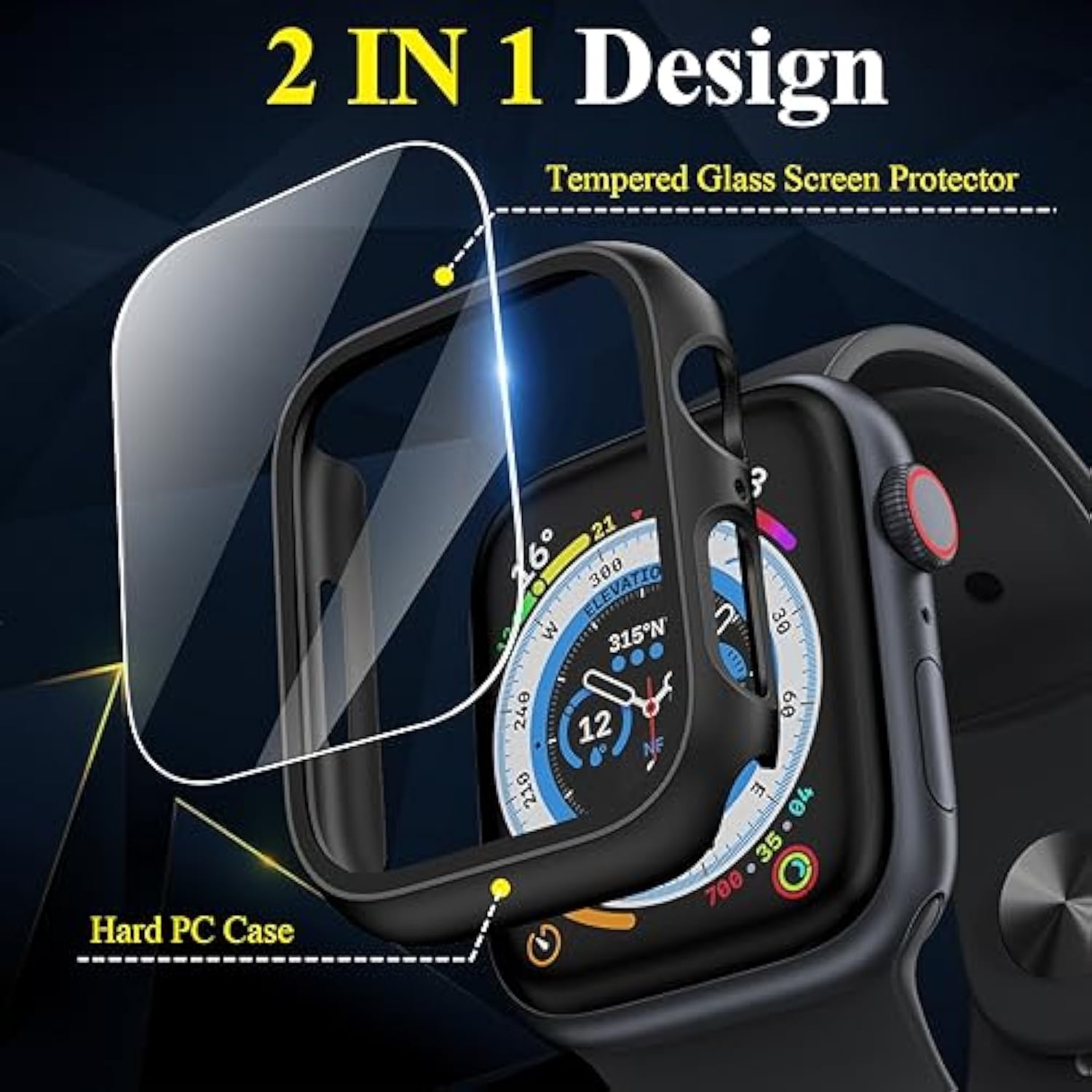 [3 Pack] Case For Watch Series 9 Screen Protector 45Mm Series 8 Series 7, Hard Pc Bumper Cover Hd Tempered Glass Full Protective Case For Iwatch Series 9/8/7 Accessories 45Mm, Black