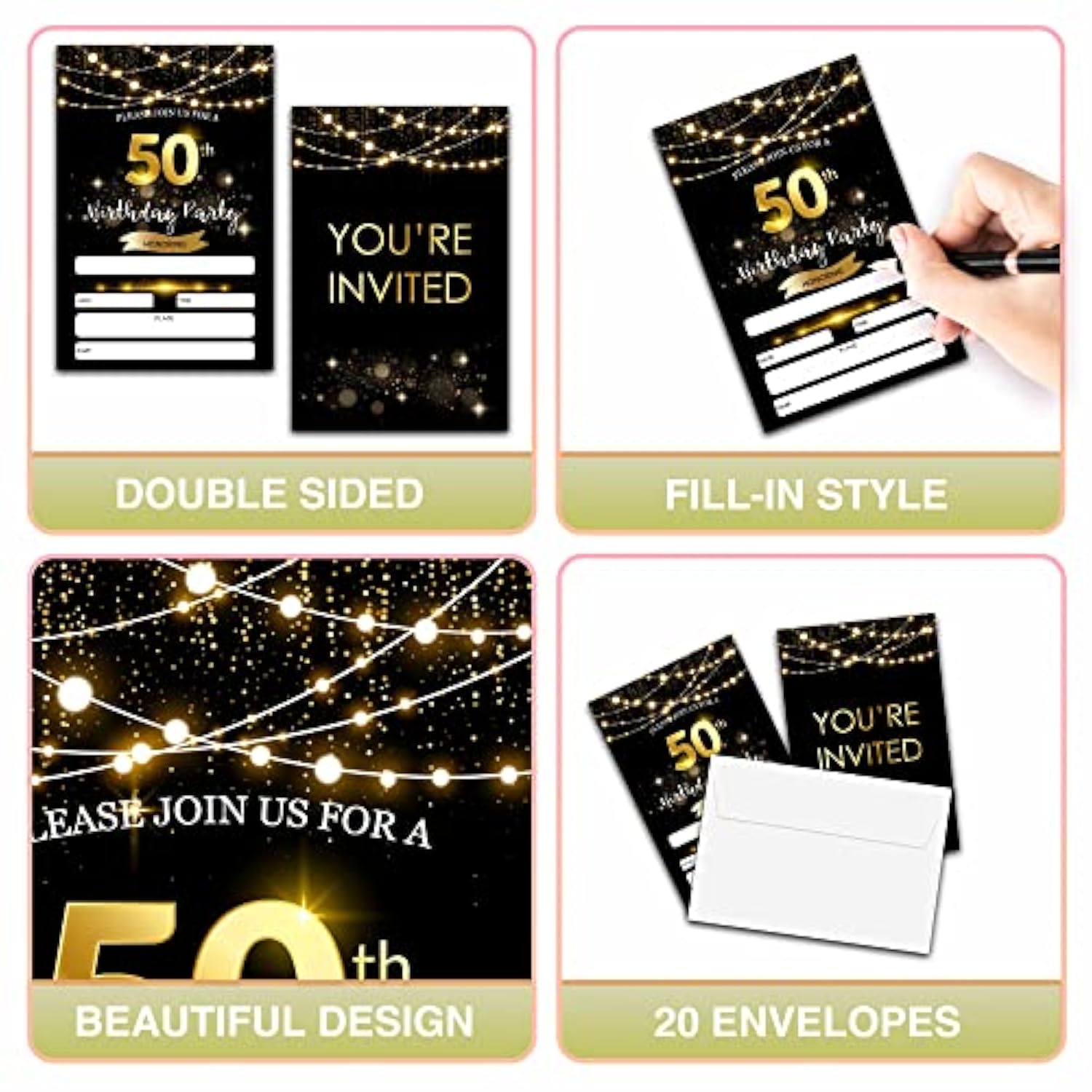 50Th Birthday Invitations With Envelopes - Black Gold Glitter Fill-In Invites Cards - Surprise Birthday Party Invitation Card For Him/Her - Adults Birthday Party Favors Supplies Decorations (20 Pack)