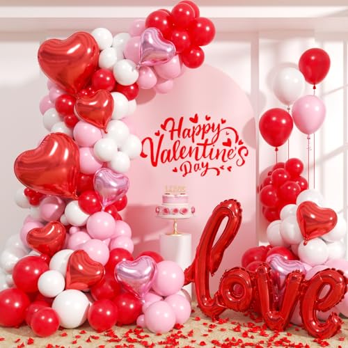 Valentines Day Balloons Garland Arch Kit - 161Pcs Different Size Red Pink White Balloons with Heart and LOVE Foil Balloon for Valentine's Day Galentine's Day Anniversary Party Decorations