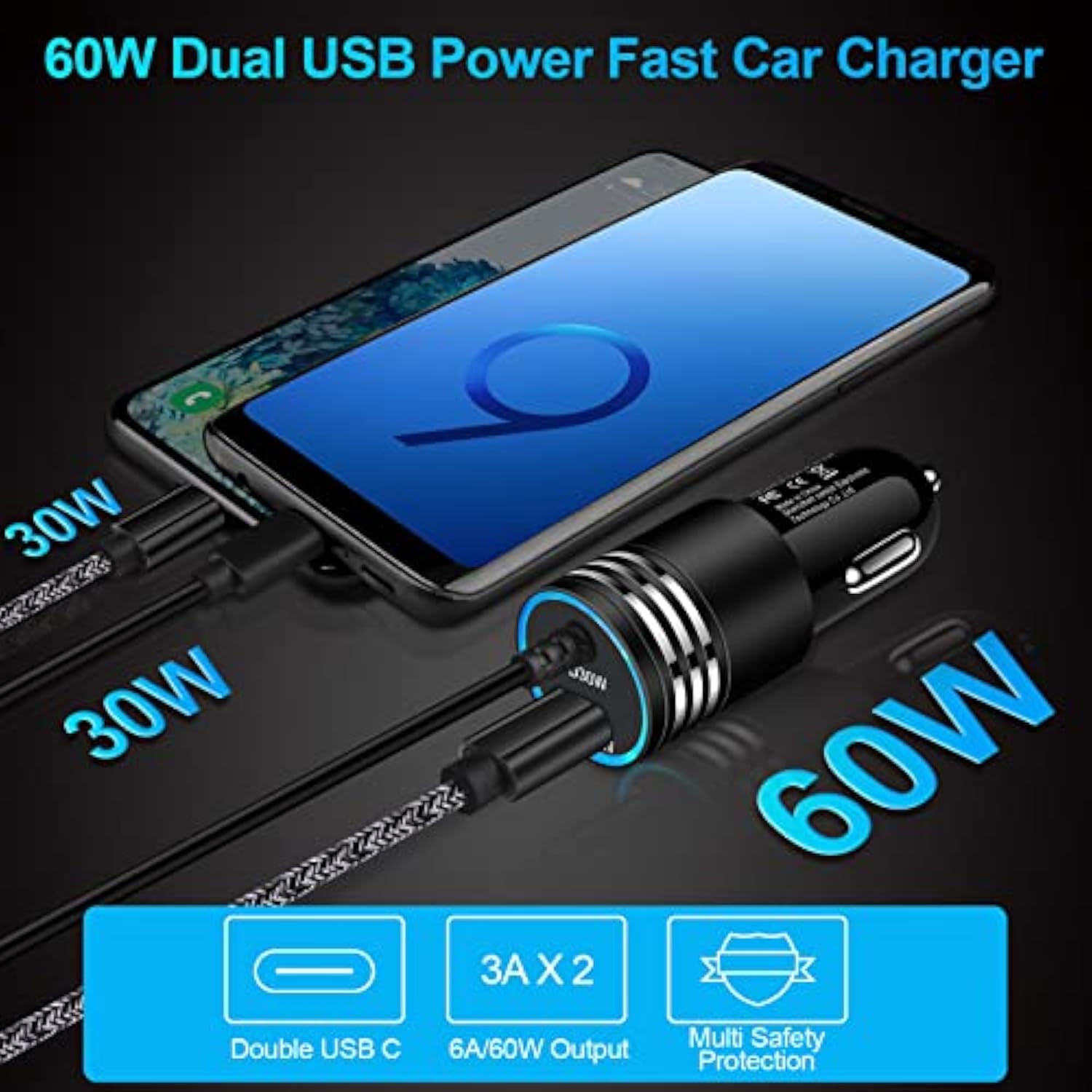 60W Super Fast Charging Android Car Charger Type C Rapid Samsung Car Charger With 3Ft Built-In Usb C Cable For Samsung Galaxy S25 Edge S24 Ultra S23 Fe S22 S21 S20 A56 A36 A16 A35 A54 A14 A53 A23 A13