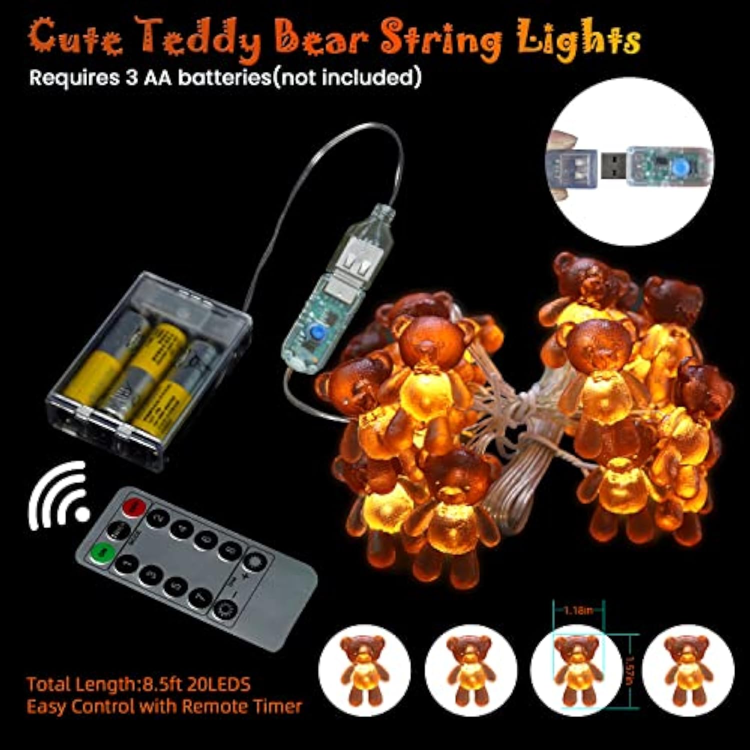 Decorative String Lights Cute Indoor Teddy Bear Ornaments Party Decoration Usb Or Battery Powered Fairy Lights With Time
