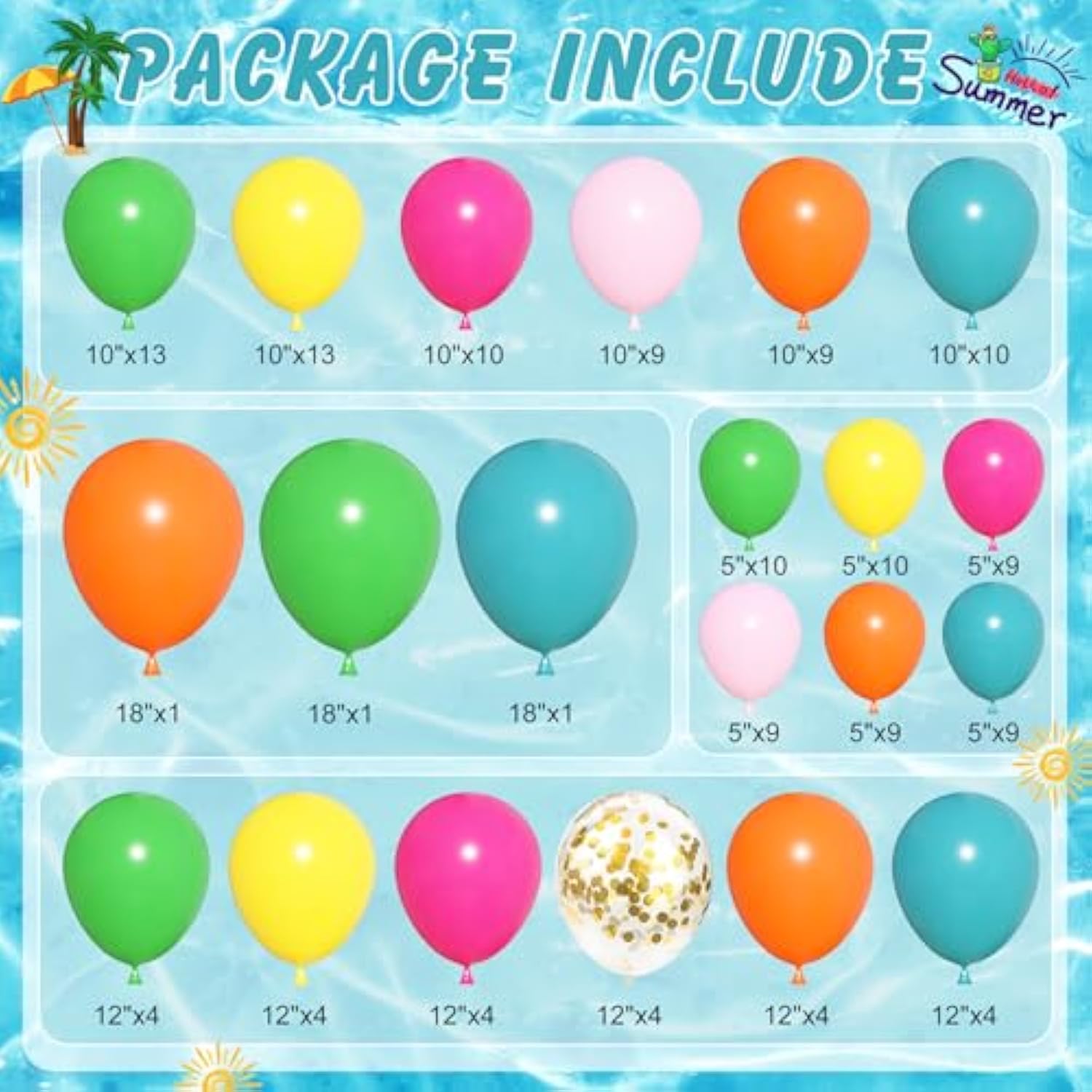 165Pcs Summer Tropical Balloon Arch Garland Kit, Hot Pink Green Orange Blue Yellow Foil Coconut Sun Palm Leaves Aloha Neon Rainbow Balloons For Hawaiian Luau Pool Birthday Party Decorations