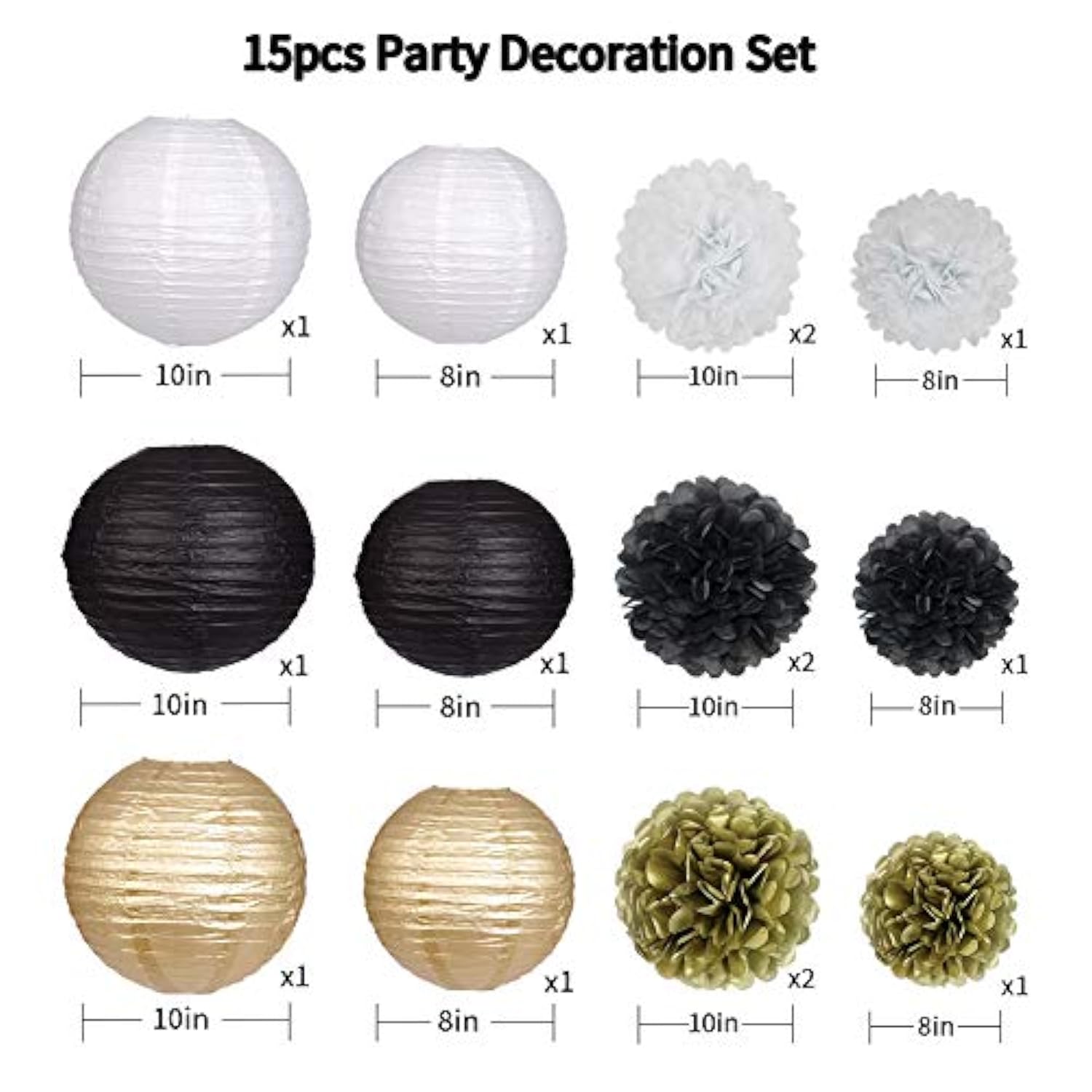 Black Gold Party Decorations, Black Gold Paper Lanterns And Pom Poms Flowers For Birthday Party Graduation Masquerade New Years Party Decor 15Pcs