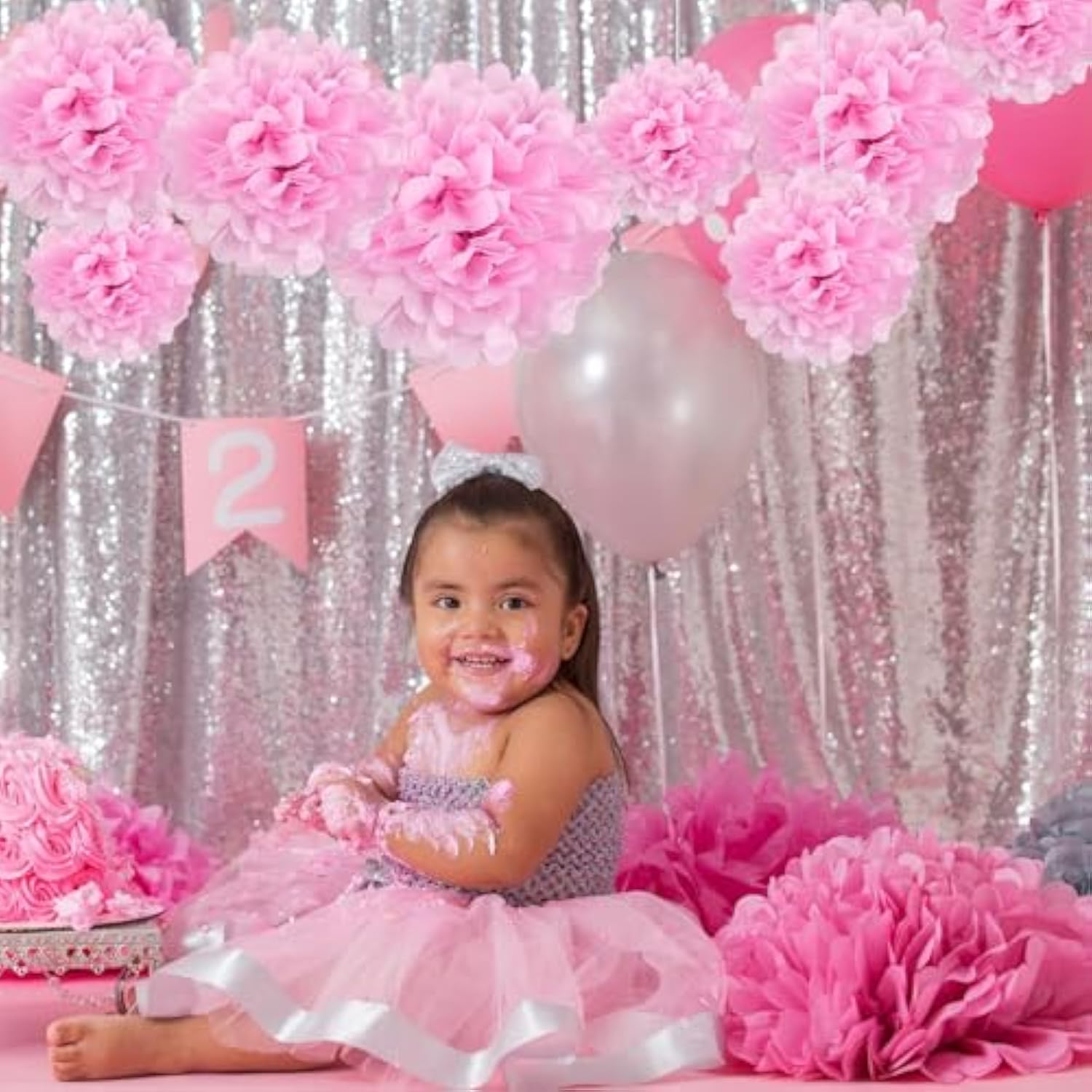 20 Pcs Pink Tissue Paper Pom Poms, Tissue Pom Poms Flowers, Sizes Of 6", 10", 12", 14" Hanging Paper Flower Ball For Wedding, Birthday, Valentine'S Day, Baby Shower Party Decor