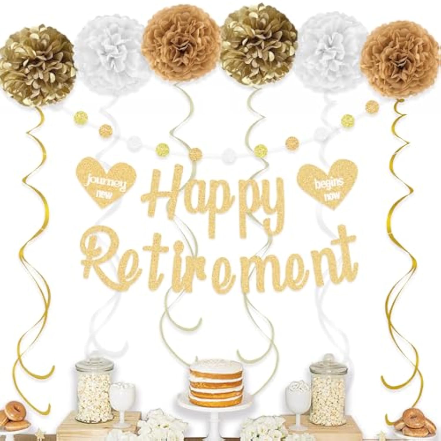 Gold Happy Retirement Party Decor Set with Banner, Swirls & Pom Poms