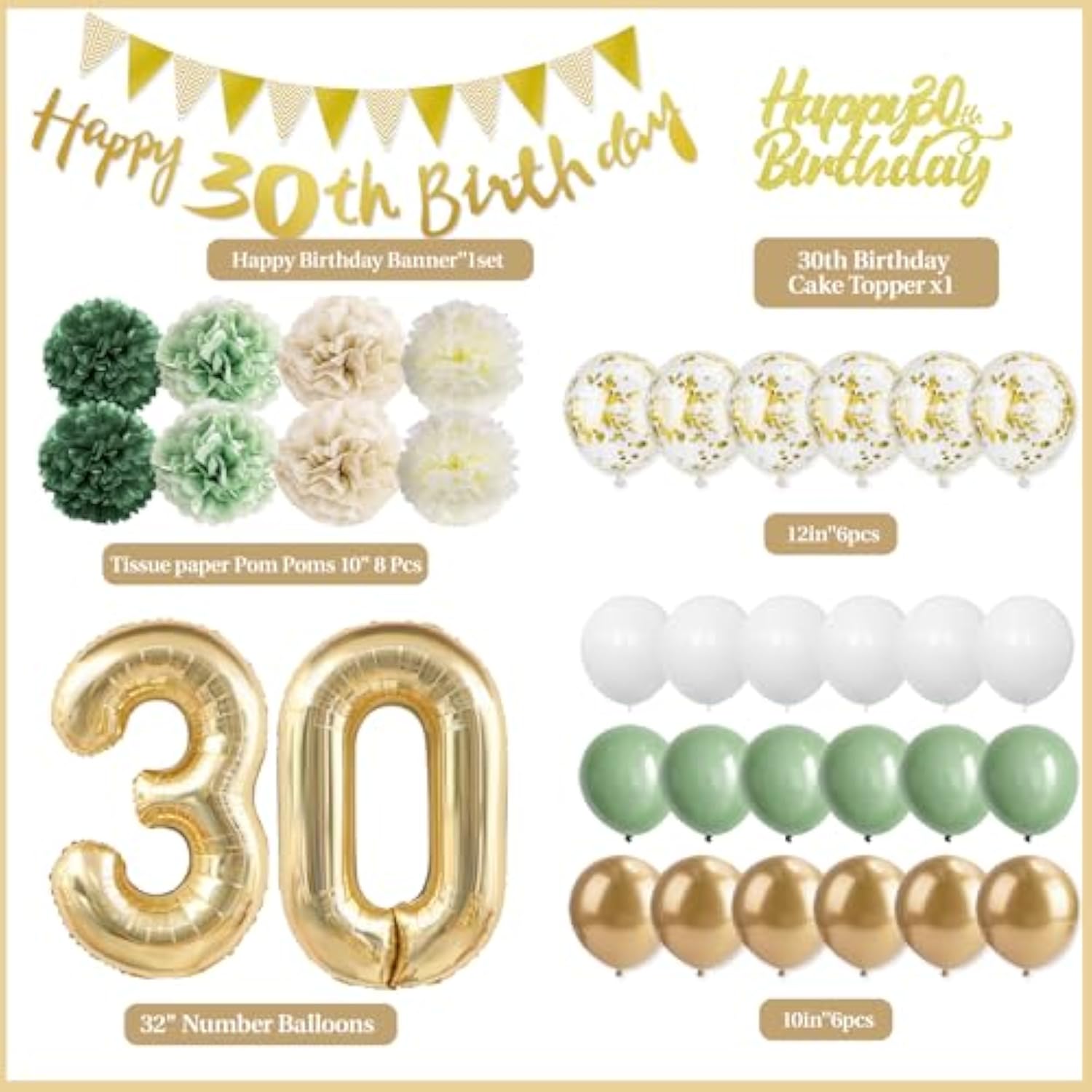 30Th Birthday Decorations For Her Him, 30Th Birthday Decor With Happy Banner, Cake Topper, Number 30 Foil Balloon, Sage Green White Gold Paper Pompoms And Balloons For 30 Year Old Party Decoration