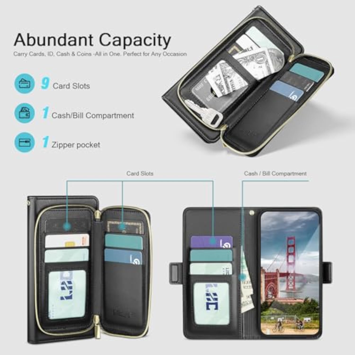 All-in-One Flip Folio Case for iPhone 16 6.1" - Men & Women PU Leather Wallet Cover with 9 Card Slots, Zipper Pocket, Detachable Wrist Strap, Full Body Protection for Apple 16 Black