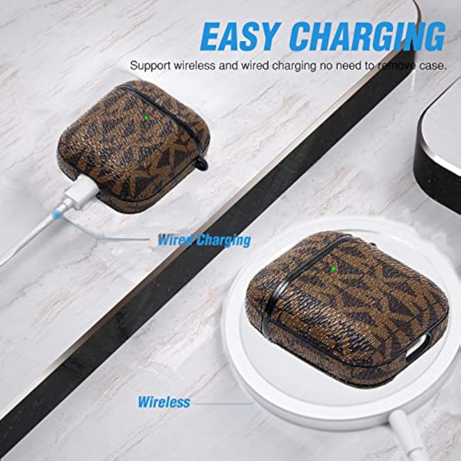 Airpods Case Cover For Airpod 2&1, Full-Body Protective Hard Shell Leather Airpods Protective Cover Case With Keychain For Airpods Wireless Charging Case, Front Led Visible