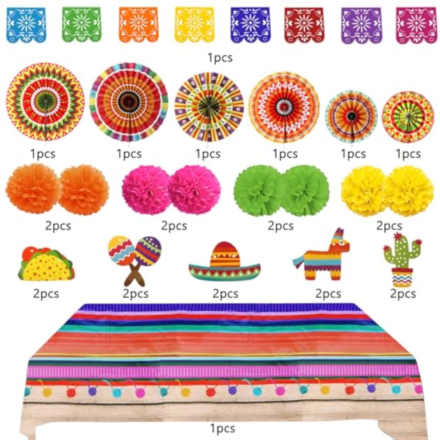 Fiesta Party Decorations, Multicoloured Tablecover Paper Fans Pompoms