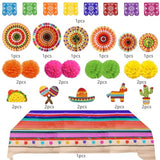 Fiesta Party Decorations, Multicoloured Tablecover Paper Fans Pompoms