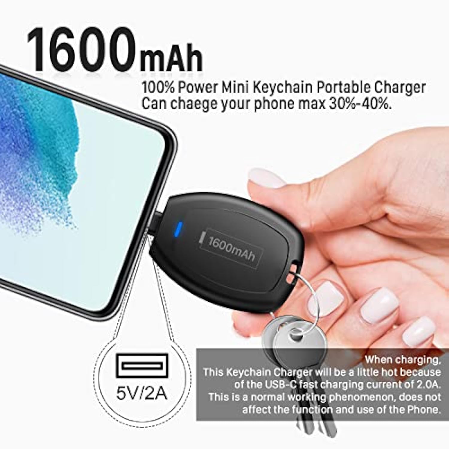 Usb C Keychain Portable Charger Power Bank Compatible With Iphone 16/15, 1600Mah Mini Type-C Power Emergency Pod Ultra-Compact External Battery Pack -Black