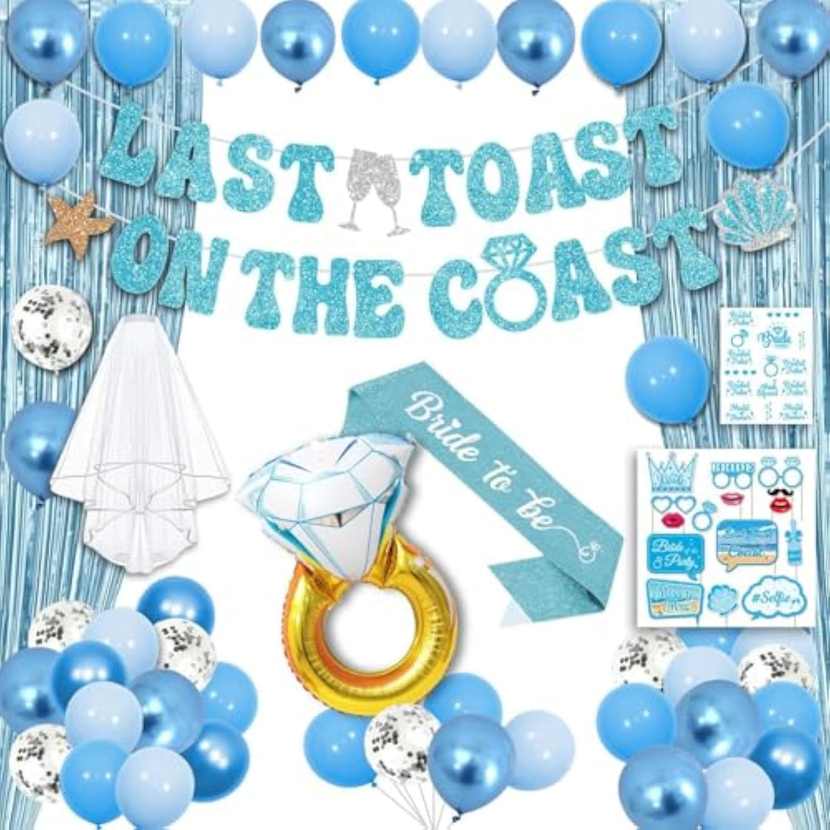 Last Toast On The Coast Bachelorette Decorations - Blue Party Favors Include Banner, Temporary Tattoos, Bride Balloons And Decor