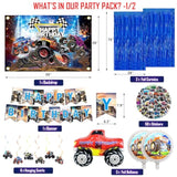 309 Pcs Truck Birthday Decorations – For 24 Guests, Balloons, Swirls, & Curtains