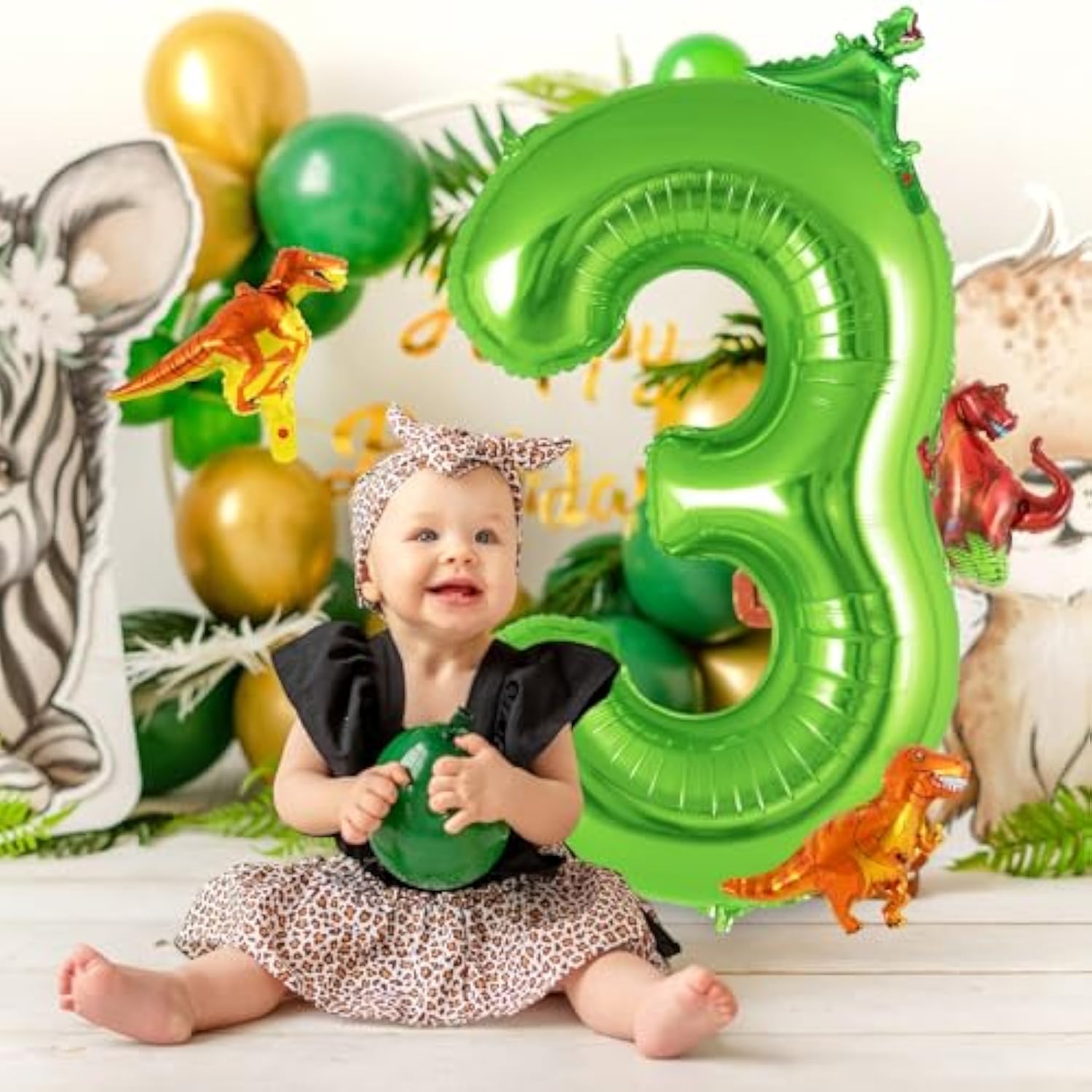 40" Green Number 3 Balloon with Mini Dinosaur Balloons 3rd Birthday Decor