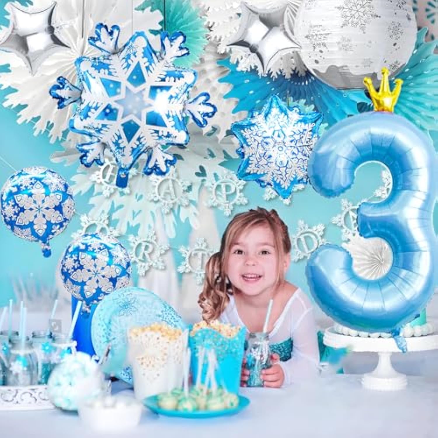 Frozen 3rd Birthday Decor Blue Number 3 Balloon Snowflake Winter Party Set