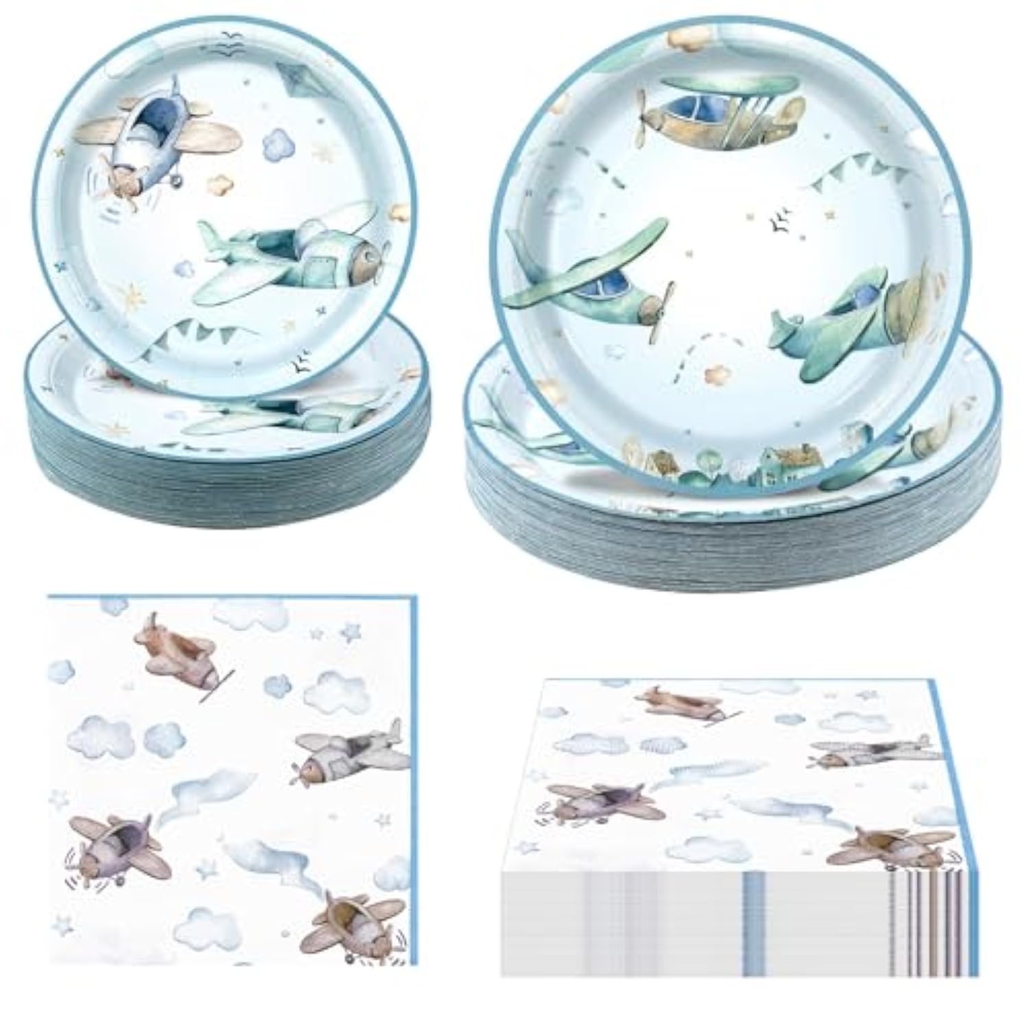180Pcs Airplane Baby Shower Party Supplies Paper Plates And Napkins Serve 60 Disposable Tableware Set For Birthday Party Decorations Game Day Family School Holiday Sports Events