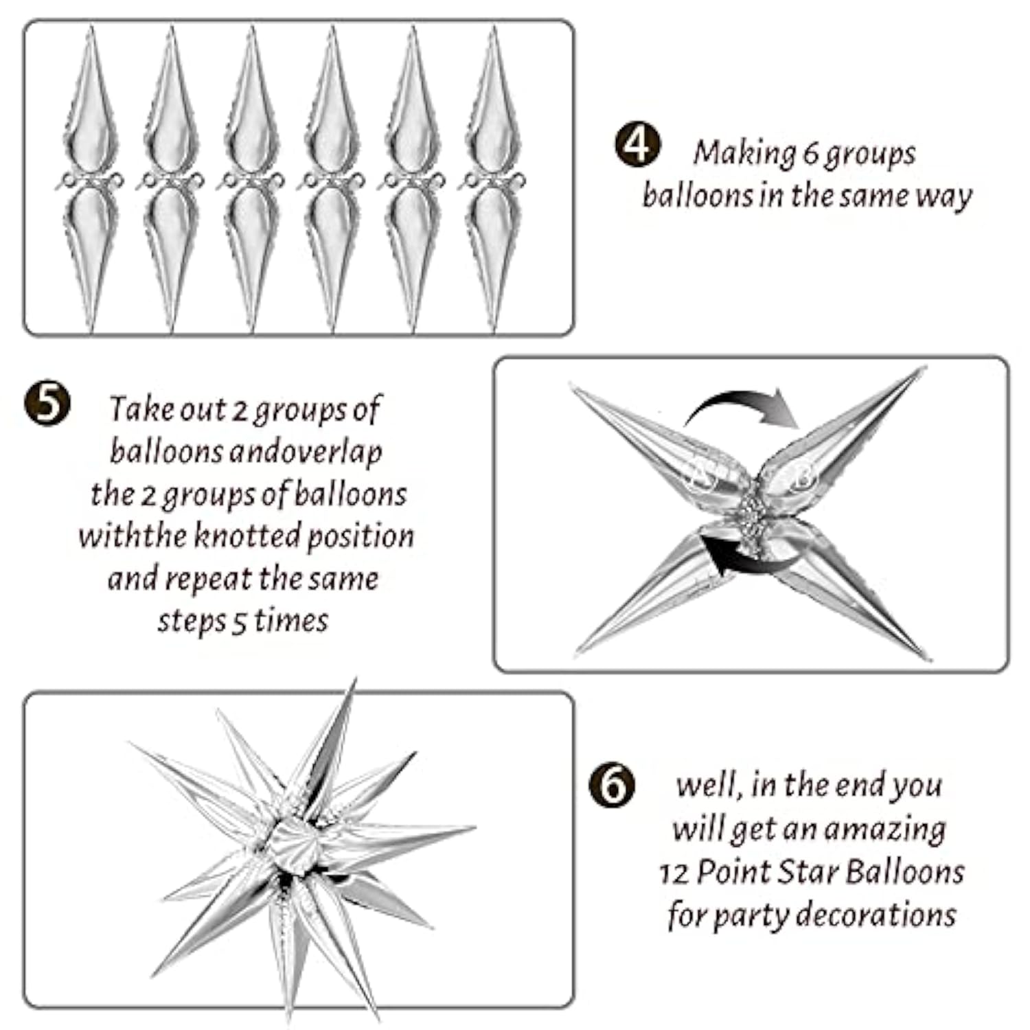 60 Pcs Silver Star Balloons, 12 Point Cone Explosion Star Foil Balloons For Birthday Party New Year, Christmas, Graduation, Baby Shower Party Decoration (Silver)