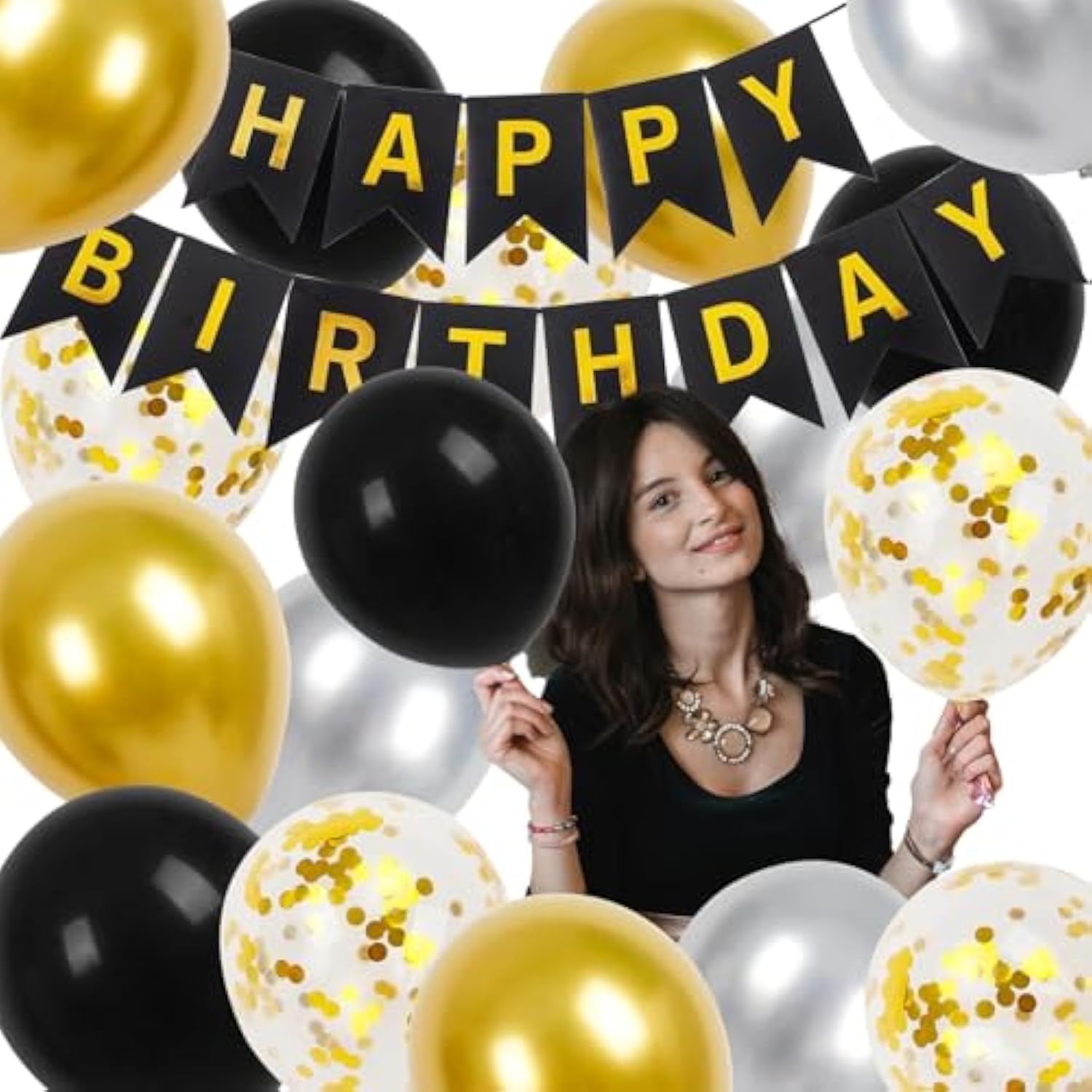 Black Happy Birthday Banner Party Decoration Set, Black Gold Birthday Decoration, 16 Pcs 12In Happy Birthday Balloons With 2 Ribbons For For Women Men Boys Girls Any Ages Birthday Party Decoration