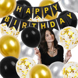 Black Happy Birthday Banner Party Decoration Set, Black Gold Birthday Decoration, 16 Pcs 12In Happy Birthday Balloons With 2 Ribbons For For Women Men Boys Girls Any Ages Birthday Party Decoration