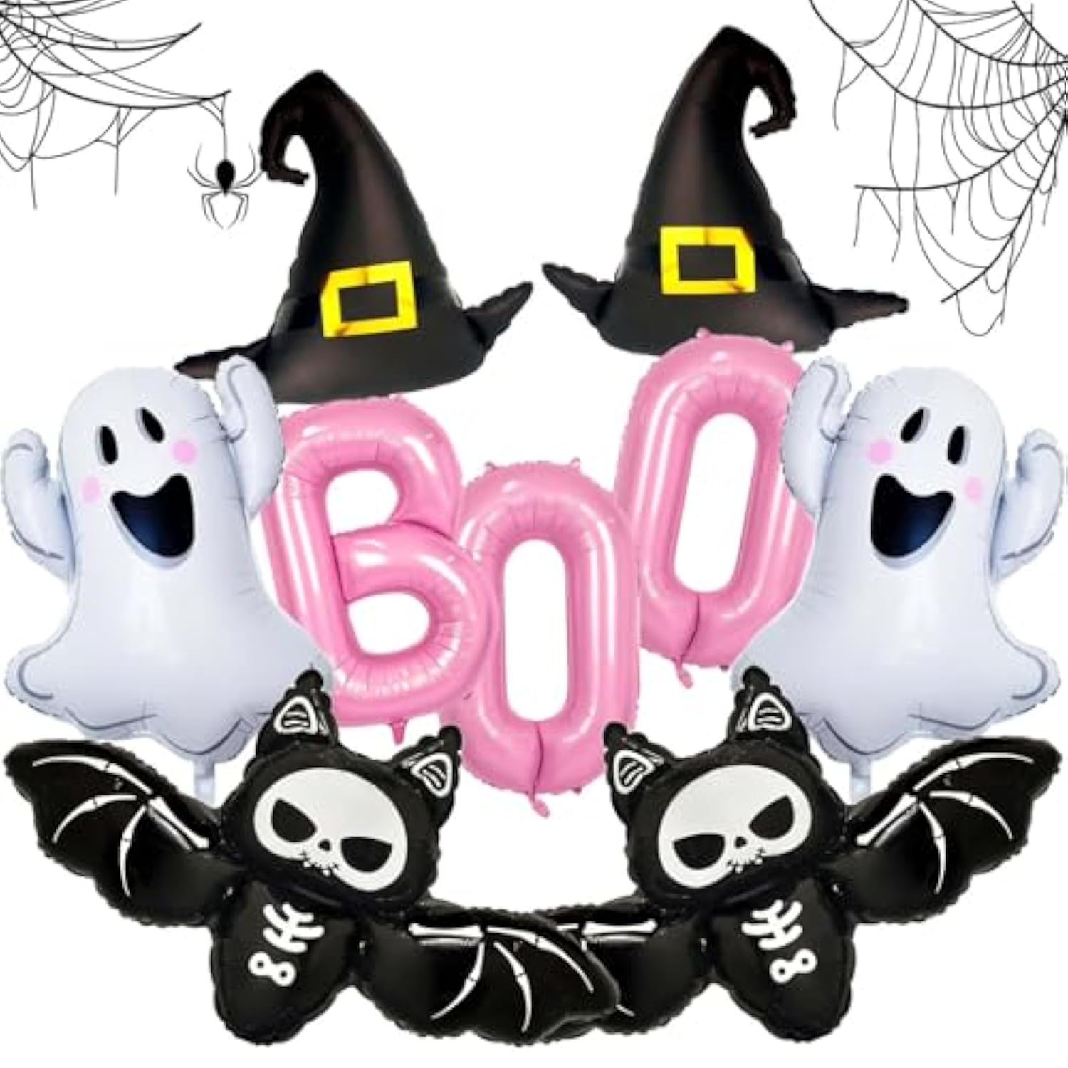 Pink Halloween Balloon Set: BOO Ghost, Bat, Witch Hat Foil Decor
