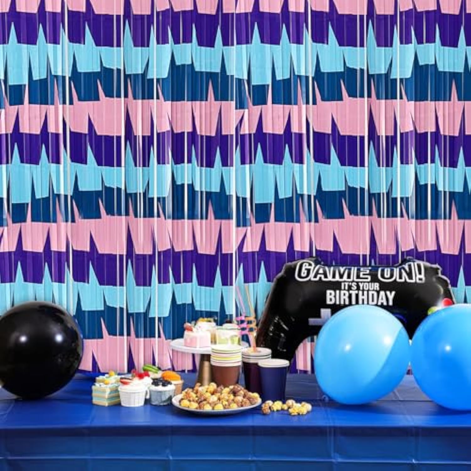 Video Game Birthday Decorations Backdrops, 2 Pack Llama Blue And Purple Tinsel Foil Fringe Curtains Photo Booth Props Streamers For Gamer Fans Party Supplies Decor
