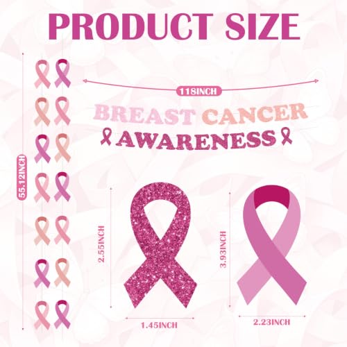 Breast Cancer Awareness Decorations, Pink Ribbon Party Supplies with 2 Banner Garlands and 6 Streamer Curtains, Breast Cancer Awareness Month Decor for Charity Survivor Fundraising Event