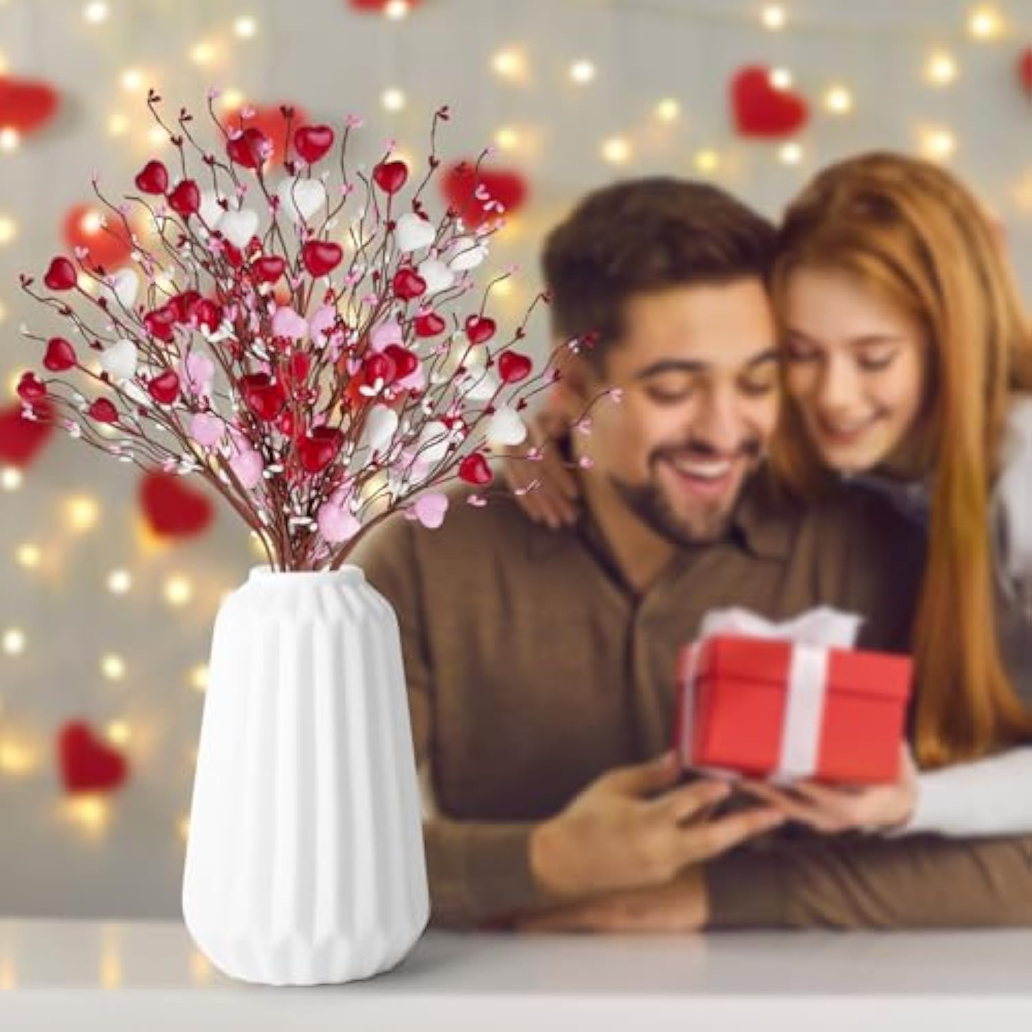 12Pcs Valentines Day Decorations Flowers Artificial Berry Floral,Red Pink White Valentine Heart Shaped Branches Gifts For Home,Valentines Party Decor,Wedding,New Year Decor
