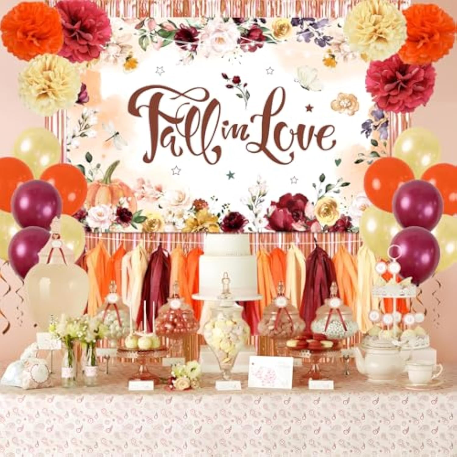 Fall In Love Bridal Shower Decorations Fall Wedding Decorations 47Pcs Fall Bridal Shower Decorations Set Includes Backdrop, Paper Pom Poms, Paper Tassel, Curtains And Balloons