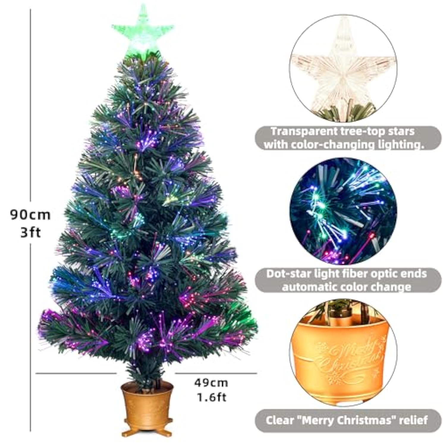 3Ft Pre-Lit Mini Fiber Optic Tabletop Artificial Christmas Tree Small Xmas Tree With Stars Decorations-Transparent