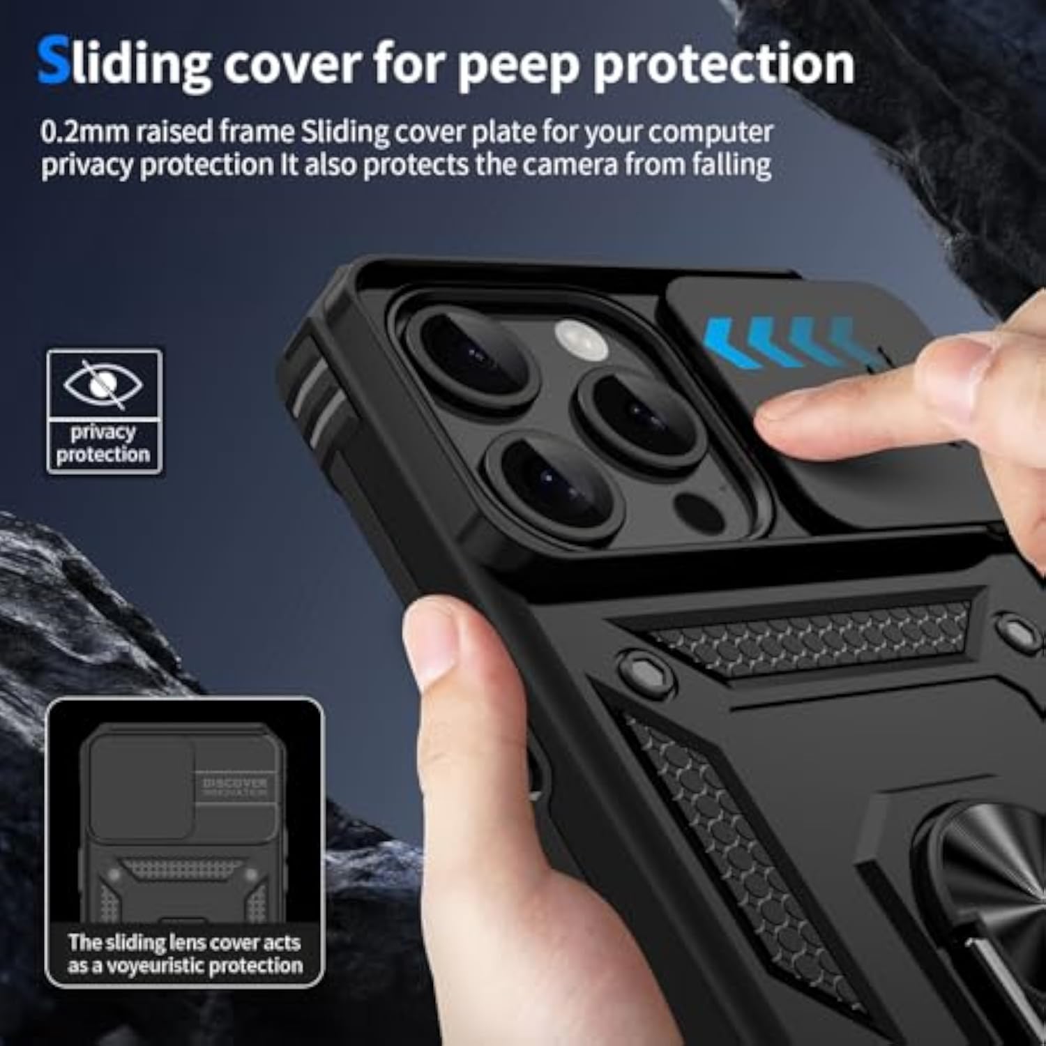 iPhone 15 Pro Case with HD Screen Protector and Magnetic Rotated Ring Holder Kickstand - Black