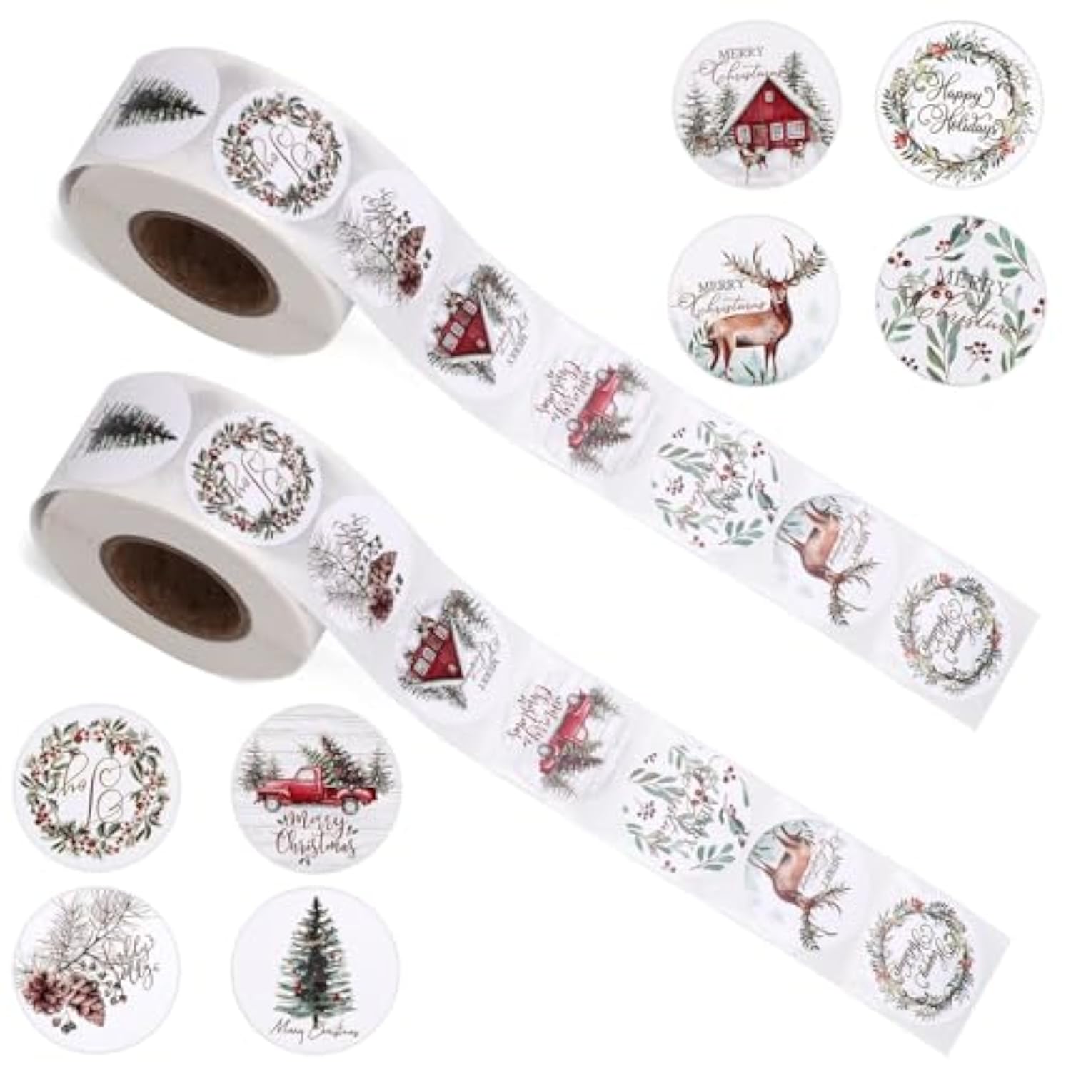 2 Rolls Christmas Stickers For Cards, 0.98In Round Merry Christmas Seals 8 Patterns Christmas Tree Elk Wreath Truck Pine Cone Christmas Label Stickers For Water Bottle Envelopes Gift Crafts