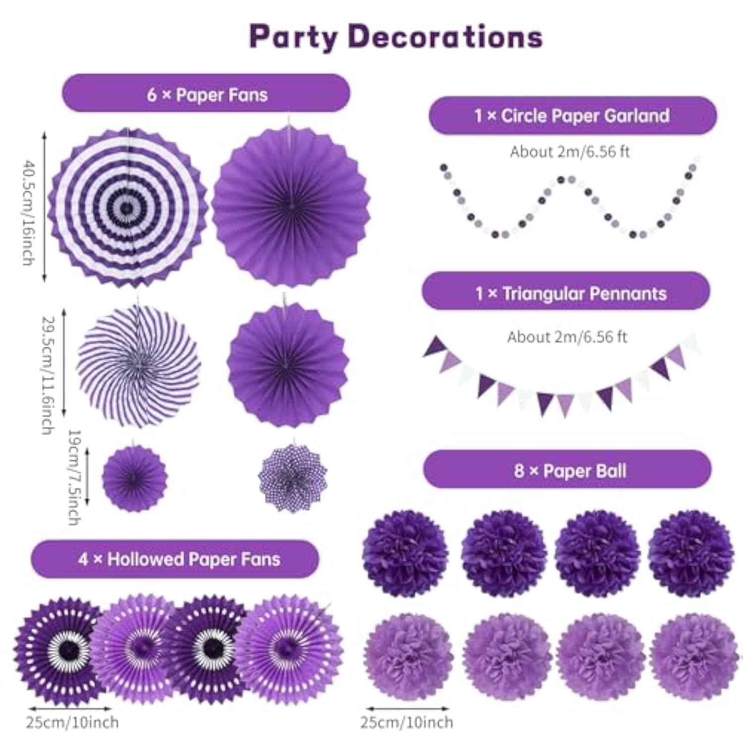 Purple Party Decorations With Hanging Paper Fan, Tissue Paper Pom Poms, Circle Dots Garland, Triangle Pennant For Birthday Bridal Shower Wedding Party Decorations (Purple)