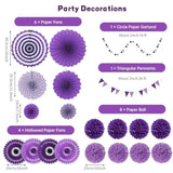 Purple Party Decorations With Hanging Paper Fan, Tissue Paper Pom Poms, Circle Dots Garland, Triangle Pennant For Birthday Bridal Shower Wedding Party Decorations (Purple)