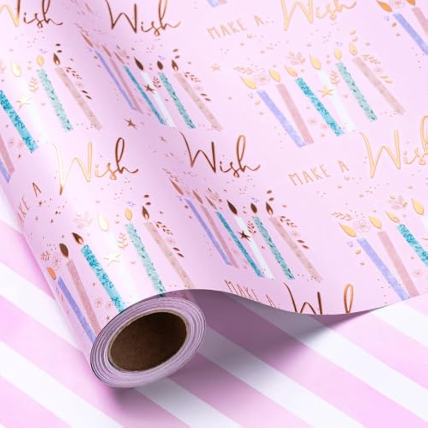 Reversible Birthday Wrapping Paper Roll - Purple Candle & White Stripe Metallic Foil Gift Wrap For Girls, Women, Party, Celebration - Mini Roll, 17 Inches X 32.8 Feet