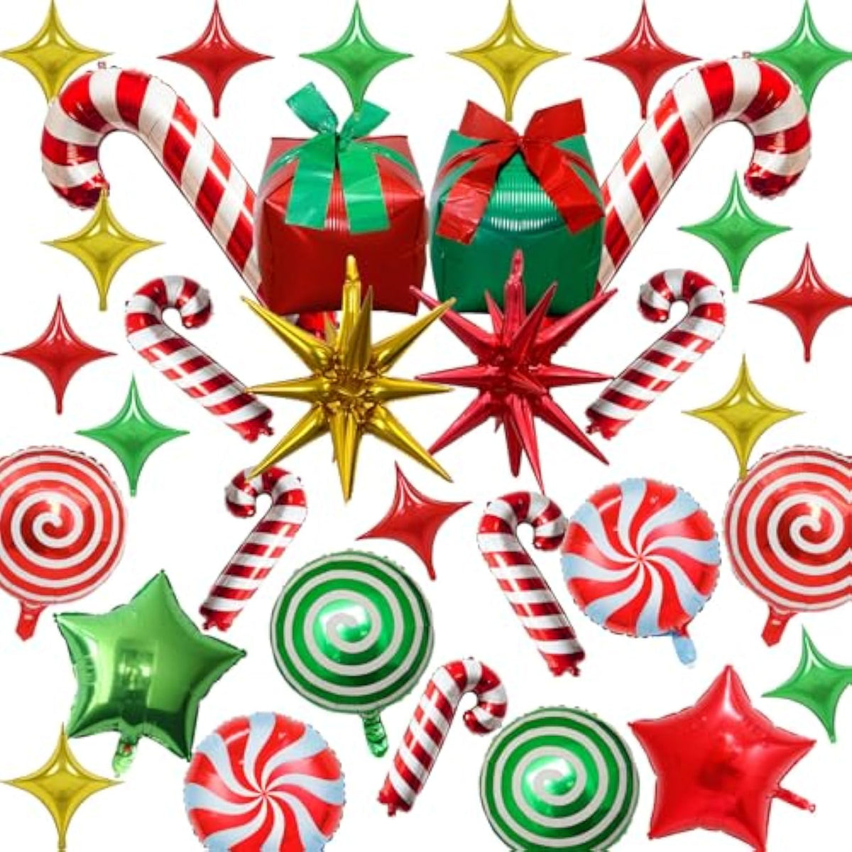 34pc Christmas Foil Balloons Candy Cane, Gift Box & Star Mylar Set