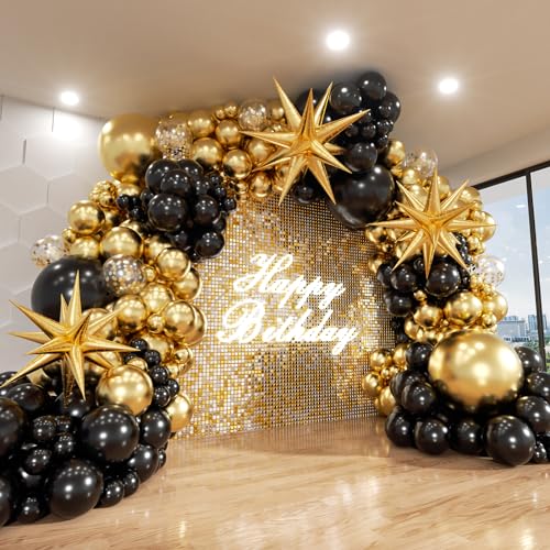Black and Gold Balloon Arch Kit, 140Pcs Explosion Star Black and Metallic Gold Balloons 22 18 12 10 5 Inch Different Size Balloons for Birthday Anniversary Graduation New Year Decorations