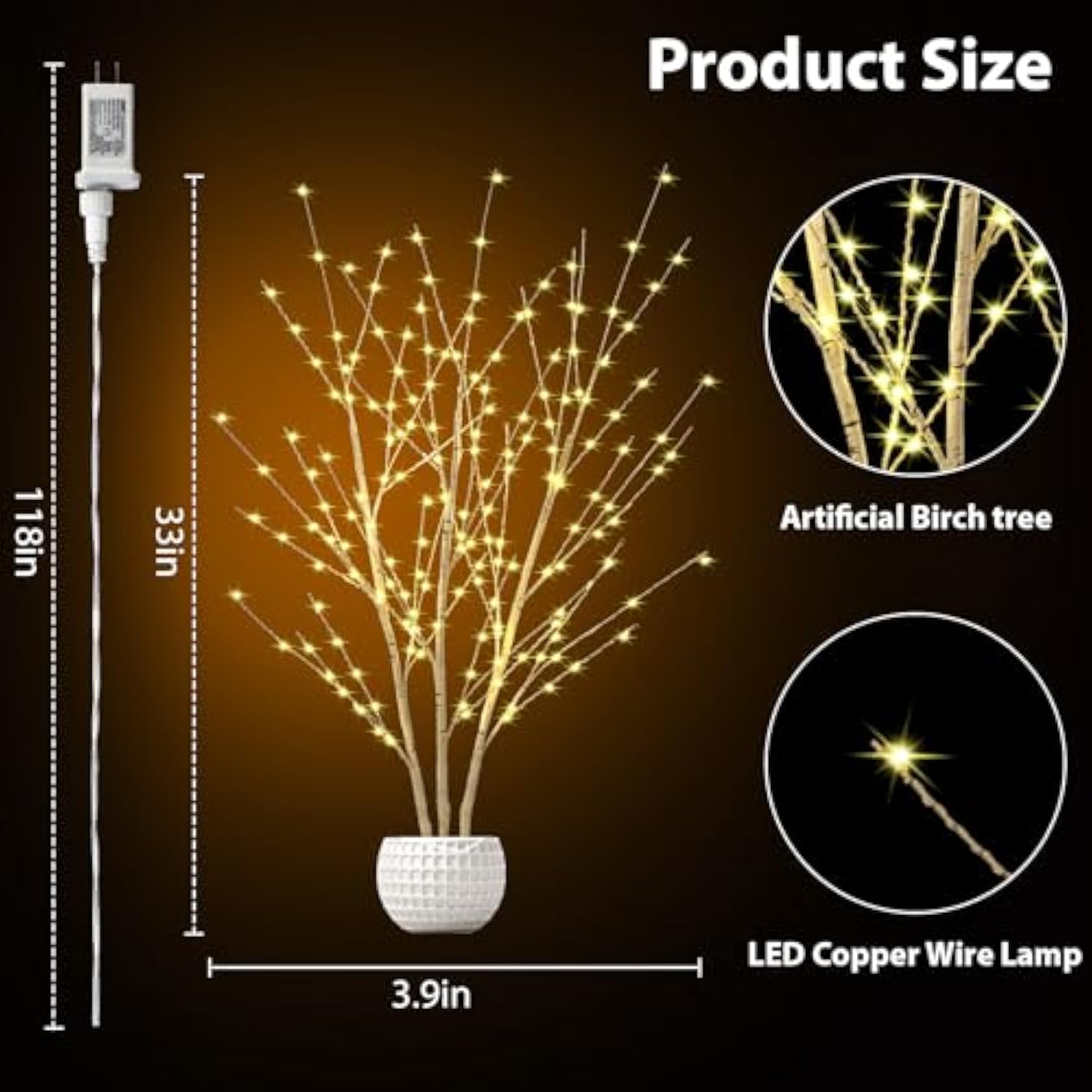 Lighted Birch Branches Plug In With Timer 33In 180 Led Lights, Twinkling Light Up Birch Tree, Diy Flexible Branches For Christmas Fireplace Room Vase Decoration,Bedroom, Wedding, Party(Vase Excluded)