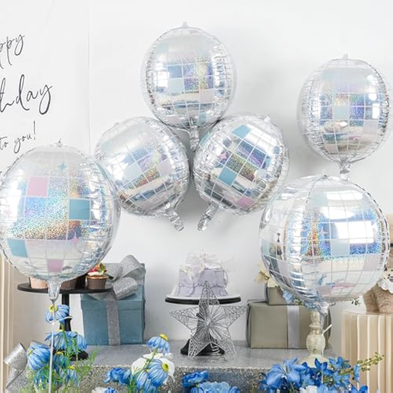 6Pcs 22 Inch Iridescent Disco Ball Balloons, Iridescent Big Disco Balloons, Silver 4D Large Foil Aluminum Balloon For Birthday Baby Shower Party Wedding Anniversary Engagement Bridal Shower Decor