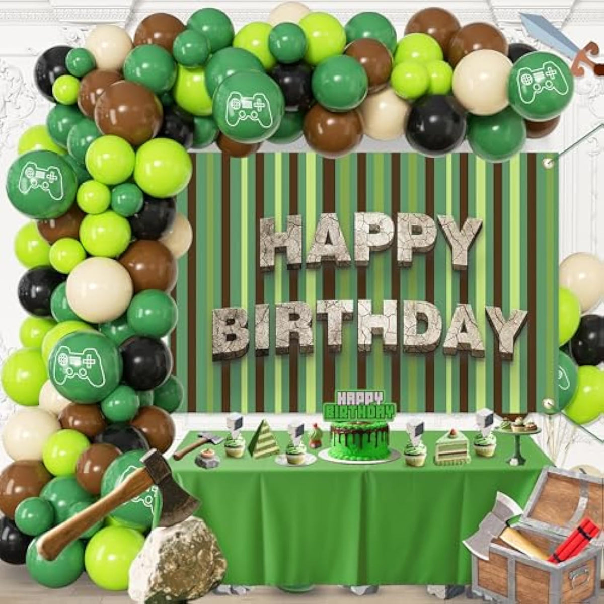 Green Brown Balloon Garland Arch Kit, Birthday Party Decorations with Backdrop