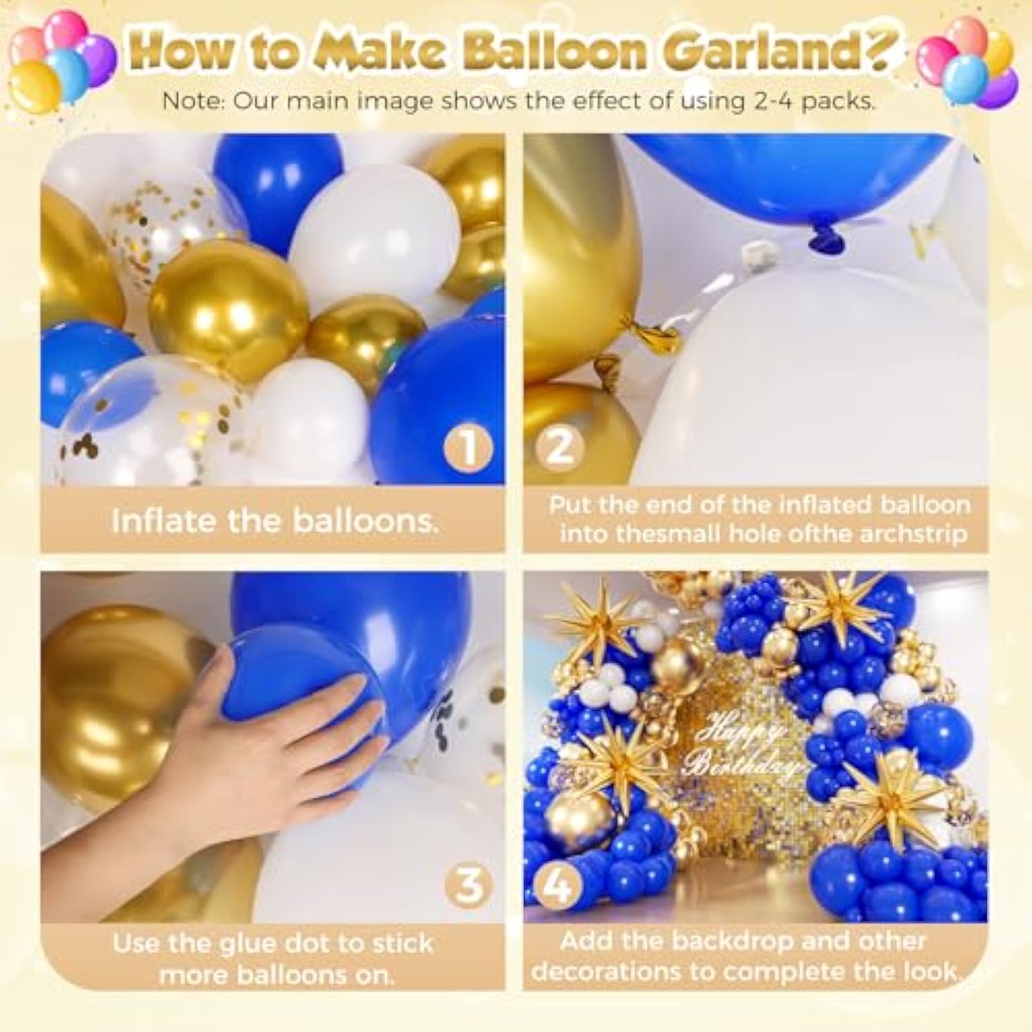 Royal Blue And Gold Balloon Arch Garland Kit 153Pcs With Star, 22 18 12 10 5In Different Size Navy Blue Gold White Balloons For Baby Shower Birthday Anniversary New Year Party Decorations