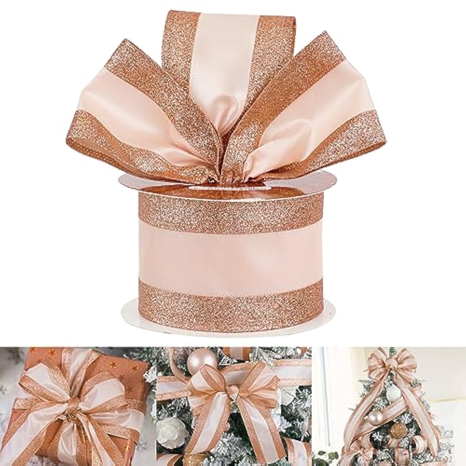 Rose Gold Wired Satin Ribbon With Glitter Stripe Edges 2.5 Inch, Rose Gold Christmas Ribbon For Tree, Bows Making, Wreath Supplies, Gift Wrapping Garland, Home Decor, Crafts -10 Yards