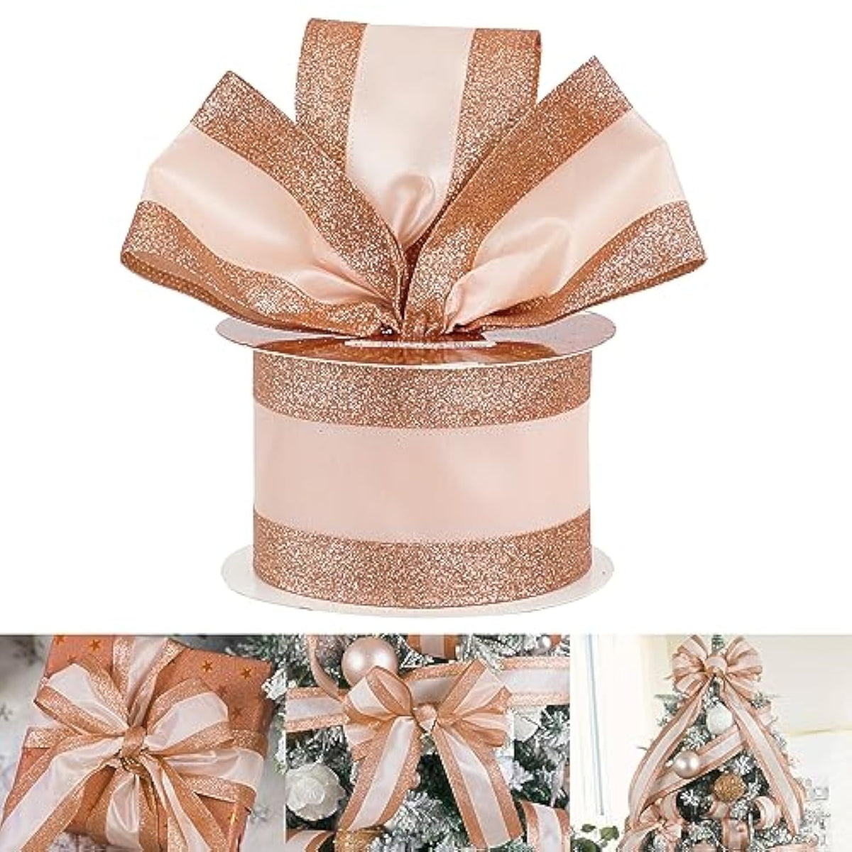 Rose Gold Wired Satin Ribbon With Glitter Stripe Edges 2.5 Inch, Rose Gold Christmas Ribbon For Tree, Bows Making, Wreath Supplies, Gift Wrapping Garland, Home Decor, Crafts -10 Yards