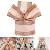 Rose Gold Wired Satin Ribbon With Glitter Stripe Edges 2.5 Inch, Rose Gold Christmas Ribbon For Tree, Bows Making, Wreath Supplies, Gift Wrapping Garland, Home Decor, Crafts -10 Yards